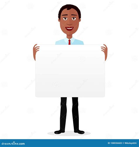 African Cartoon Flat Smile Man Holding Banner Isolated On White