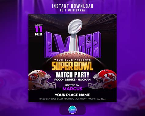 Editable Super Bowl 2024 Flyer Canva Super Bowl Watch Party Flyer