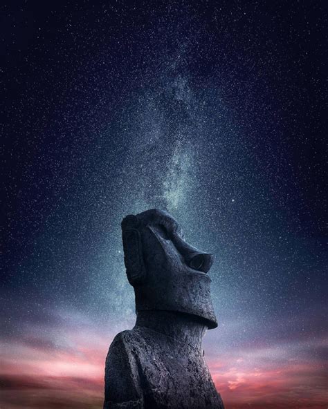 Wallpaper Moai Statue Stars Starred Sky Night Galaxy Stone