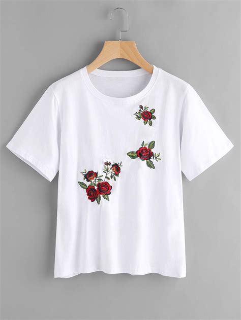 Rose Embroidered Tee Shein Sheinside