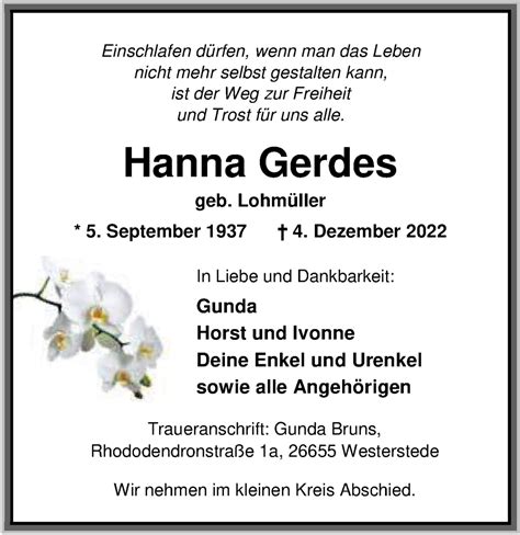 Traueranzeigen Von Hanna Gerdes Nordwest Trauer De