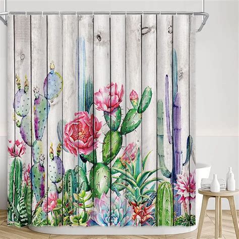 Cactus Shower Curtain Watercolor Tropical Plants Rustic Plank Farm