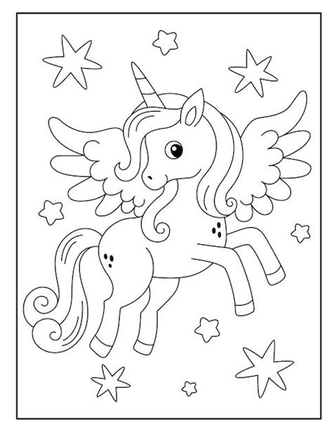 A Coloring Page With An Image Of A Unicorn On It S Back And Stars In