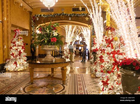 Roosevelt Hotel lobby in New Orleans with opulent Christmas decorations ...