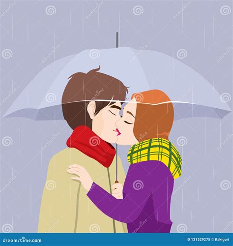 Couple Kissing In Rain Under Umbrella