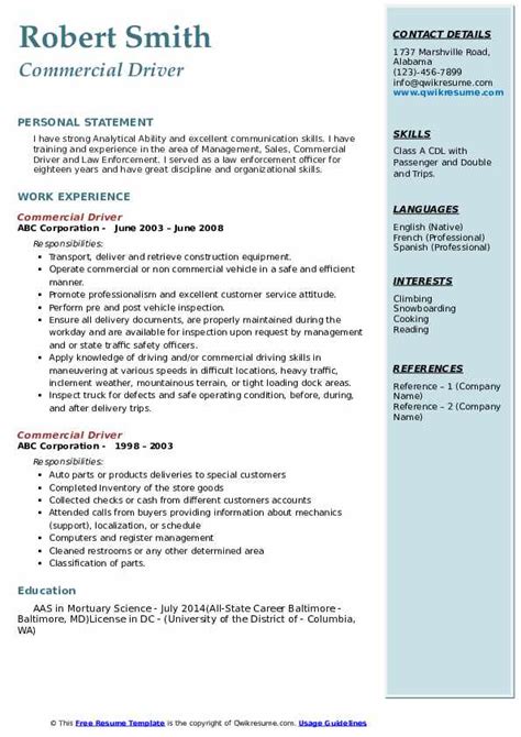 Commercial Driver Resume Samples Qwikresume