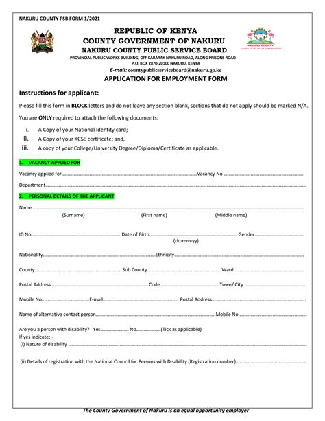 Employment Application Form For Advert The County Government Of