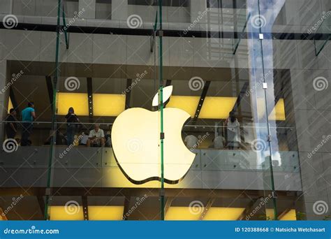 Big Apple Logo On Glass Wall Of Building At Apple Store On Georg