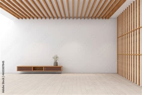 Japanese Style Empty Room Decorated With White Wall And Wooden Slats