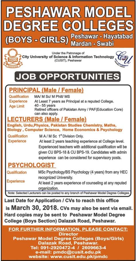 Peshawar Model Degree Colleges Lecturers Jobs 2024 Job Advertisement