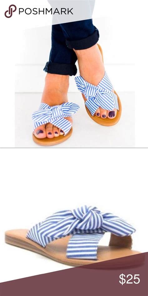 💥they Are Here💥blue And White Striped Sandals Bow Sandals Striped