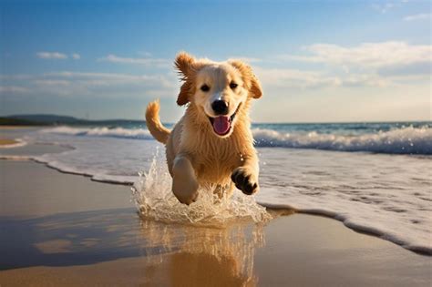 Un Perro Corriendo En El Agua En La Playa Foto Premium