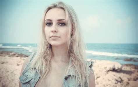 Women On Beach Jeans Jacket Sea Long Hair Depth Of Field Portrait