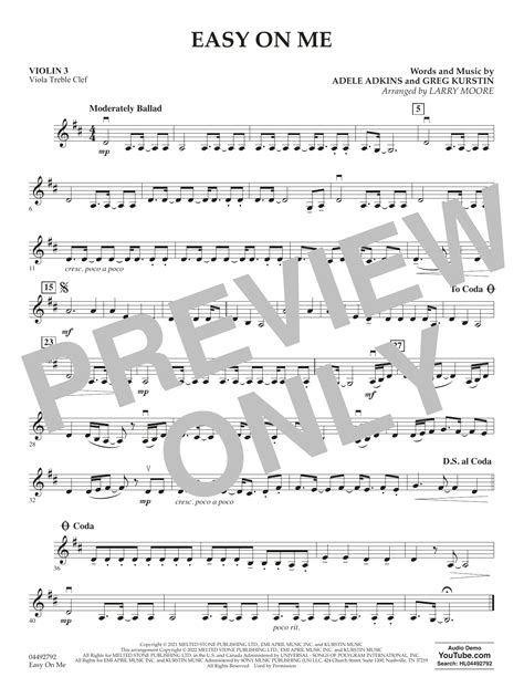 Easy On Me Arr Larry Moore Violin Viola Treble Clef Sheet