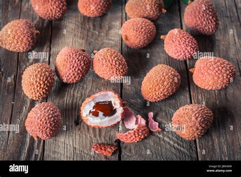 Lychees Fruits On Wooden Background Stock Photo Alamy