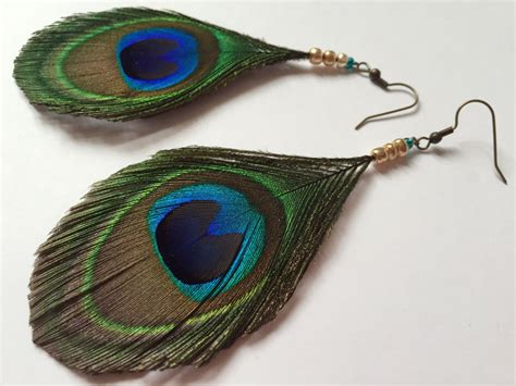 Peacock Feather Earrings Unique And Handmade Teal Green And Etsy