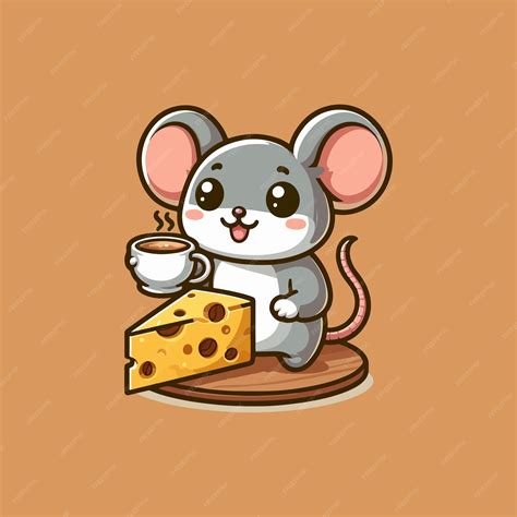 Cute mouse holding cheese in coffee cartoon vector icon illustration