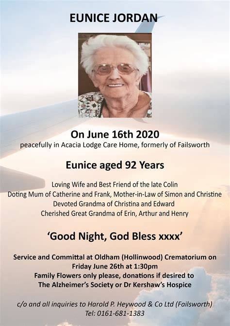 The family of the late Eunice Jordan have asked us to publish the