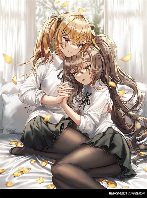 Safebooru 2girls Arm Around Back Bangs Black Neckwear Black Ribbon