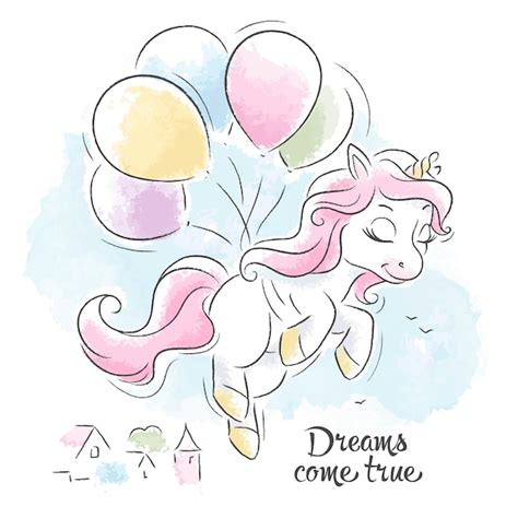 Arte Hermoso Unicornio De Dibujos Animados Volando En Globos Lindo