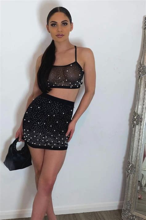 Caution Vip Black Rhinestone And Pearls Two Piece Skirt Top Co Ord Set