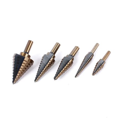 Hss Titanium Coated Step Drill Set With Aluminum Case 5 Pcs Black And