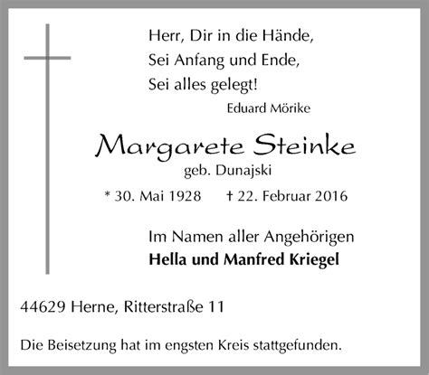 Traueranzeigen Von Margarete Steinke Trauer In NRW De