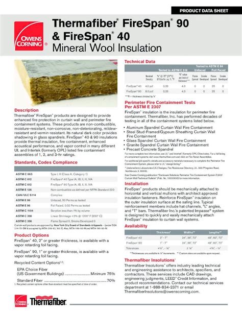 PDF Owens Corning Thermafiber FireSpan 40 90 Data PDF FilePRODUCT