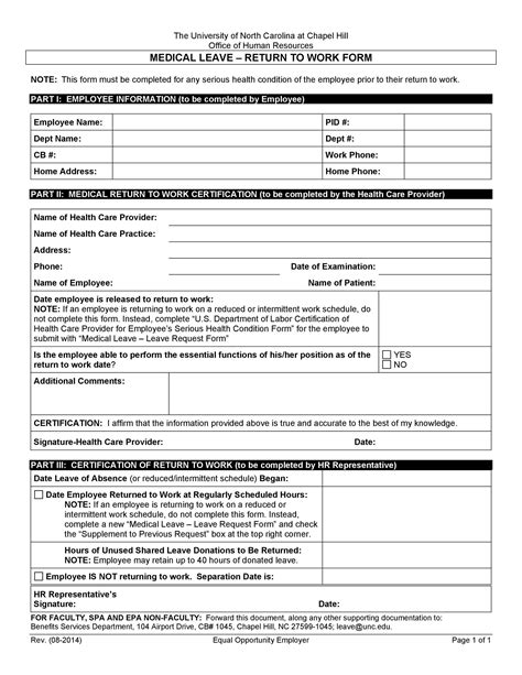 Free Printable Return To Work Form Pdf