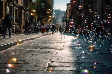 Premium AI Image Bubbles Floating In City Street Generative AI