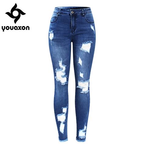 Buy 2127 Youaxon New Ultra Stretchy Blue Tassel Ripped