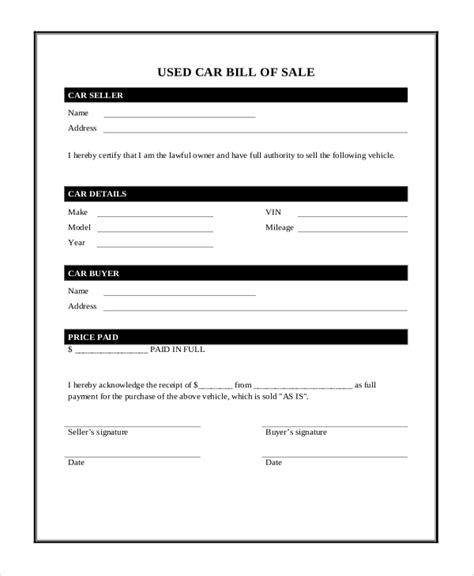 Vehicle Bill Of Sale As Is Template Word