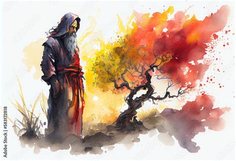 Watercolor Illustration Of A Moses And The Burning Bush Art Generative