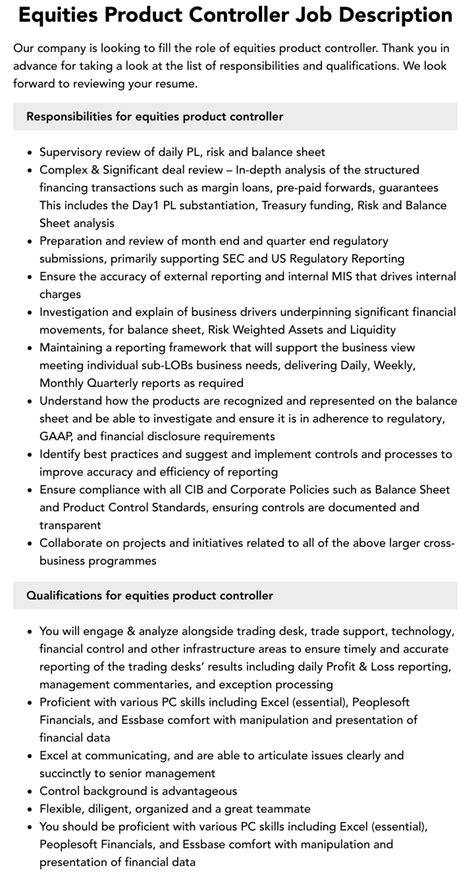 Equities Product Controller Job Description Velvet Jobs