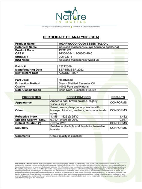 Agarwood Oud Essential Oil Coa 12212309 Download Free Pdf