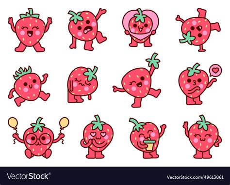 Kawaii Strawberry Character Cute Cartoon Fruit Vector Image