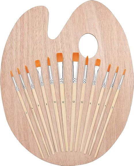 Kurtzy 12 Paint Brush Set With Wooden Palette Hand Held Oval Artists