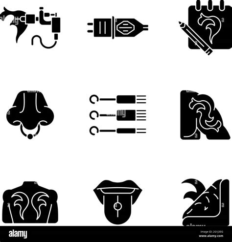 Tattoo And Piercing Instruments Black Glyph Icons Set On White Space