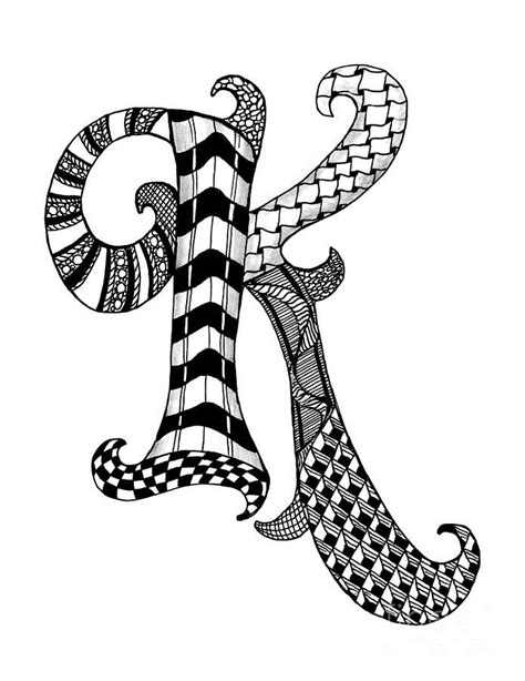 Zentangle Letter K Monogram In Black And White By Nan Wright Doodle