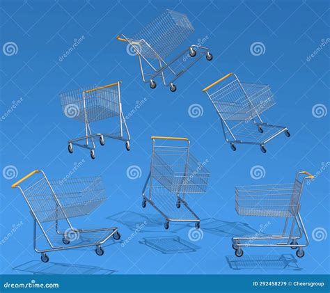 Set Of Flying Shopping Carts Or Trolley For Groceries On Blue