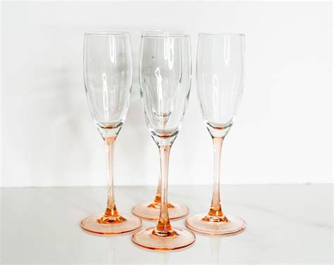 Set Of 4 Vintage Luminarc France Pink Stem Champagne Flutes Etsy