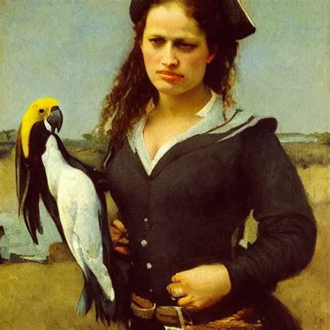 Female Pirate With Many Parrots Oil Painting By Stable Diffusion