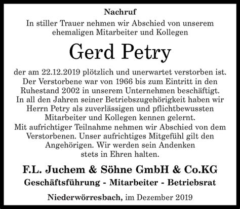 Traueranzeigen Von Gerd Petry Rz Trauer De