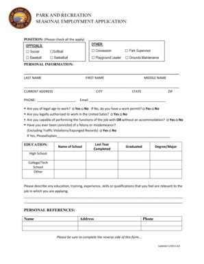 Fillable Online Park And Recreation Seasonal Employment Application Fax