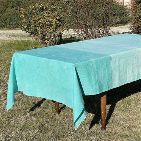 Hand Painted Linen Tablecloth Clic Aqua Allora