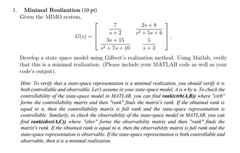 Solved Minimal Realization Pt Given The Mimo System Chegg