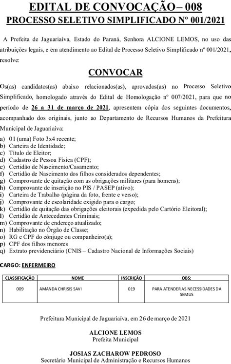 Edital de Convocação 008 Processo Seletivo Simplificado 001 2021