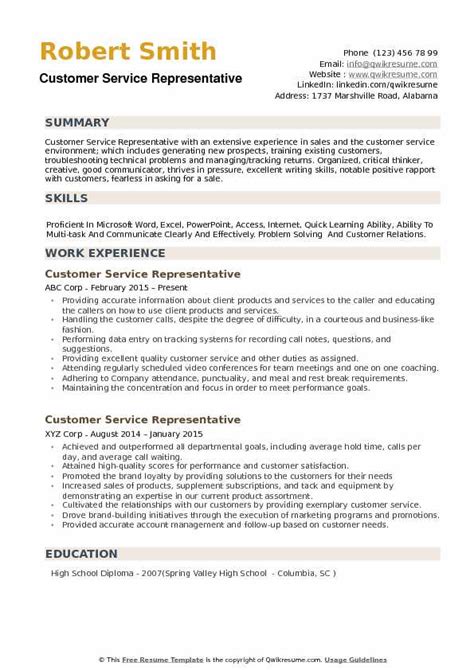 Customer Service Representative Resume Samples Qwikresume