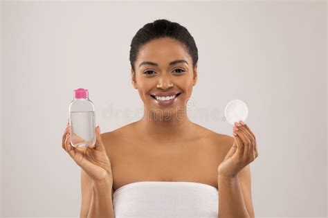 Smiling Beautiful African Half Naked Woman Holding Cotton Pad Micellar