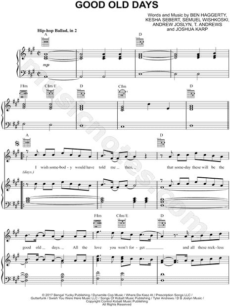 Macklemore Feat Kesha Good Old Days Sheet Music In A Major